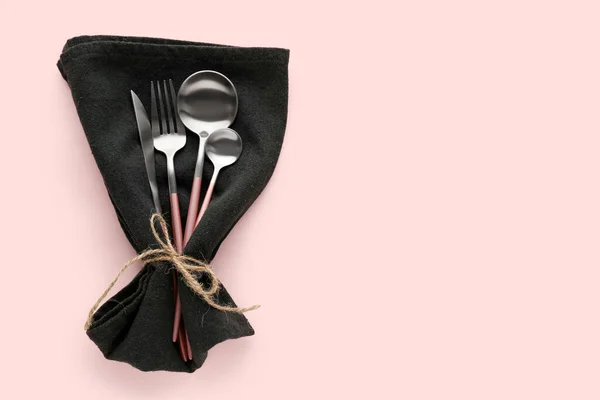Stylish Cutlery Black Napkin Pink Background — Stock Photo, Image