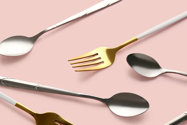 Set Different Stainless Steel Cutlery Pink Background — Stock Photo, Image