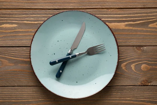 Silver Fork Knife Plate Wooden Table — Stock Photo, Image