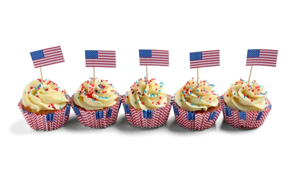 Chutné Vlastenecké Cupcakes Vlajka Usa Bílém Pozadí Americký Den Nezávislosti — Stock fotografie