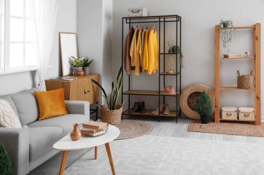 Oturma odasının içinde raf, giysi ve kanepe var.