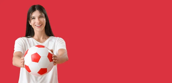 Happy Young Woman Soccer Ball Red Background Space Text — Stock Photo, Image