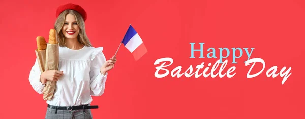 Piękna Młoda Kobieta Flagą Francji Bagietkami Czerwonym Tle Obchody Dnia — Zdjęcie stockowe