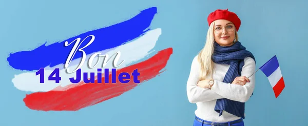 Красива Жінка Прапором Франції Синьому Тлі День Бастилії — стокове фото
