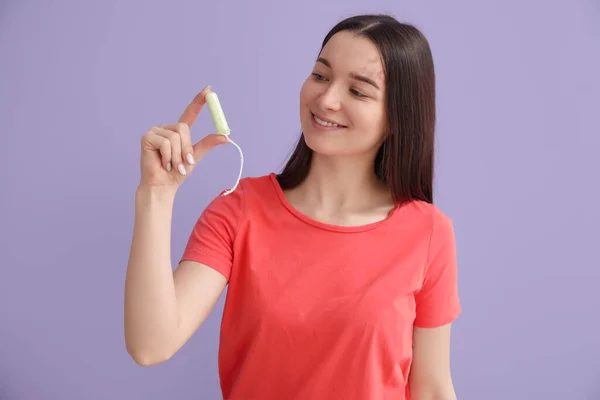 Young Woman Tampon Lilac Background — Stock Photo, Image