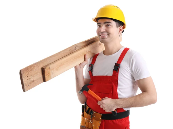 Jovem Carpinteiro Com Pranchas Madeira Martelo Sobre Fundo Branco — Fotografia de Stock