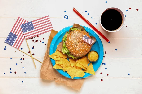 Composition Tasty Burger Nachos Cola Paper American Flags Light Wooden — Stock Photo, Image