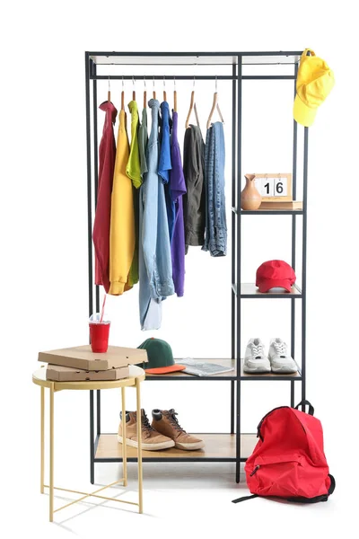 Shelving Unit Male Clothes Shoes Accessories White Background — Stock Photo, Image