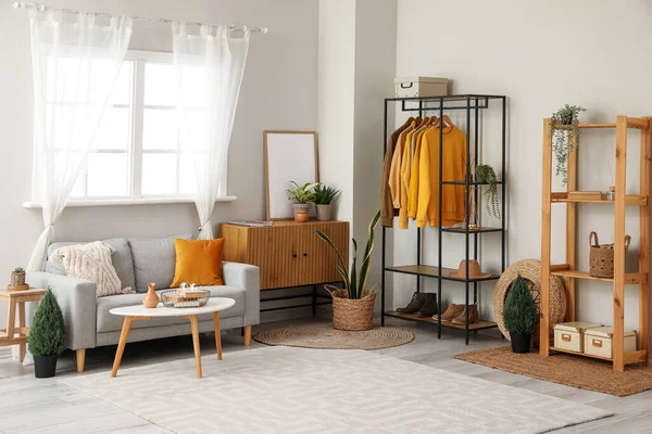 Interior Living Room Shelving Unit Clothes Sofa — Stock Photo, Image