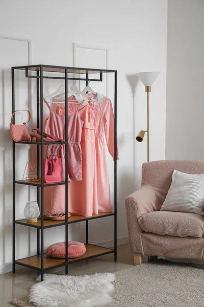 Interior Light Room Shelving Unit Clothes Armchair — Stock Photo, Image