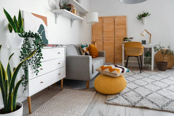 舒适的沙发 抽屉和舒适的工作环境 时尚客厅的内部 — 图库照片