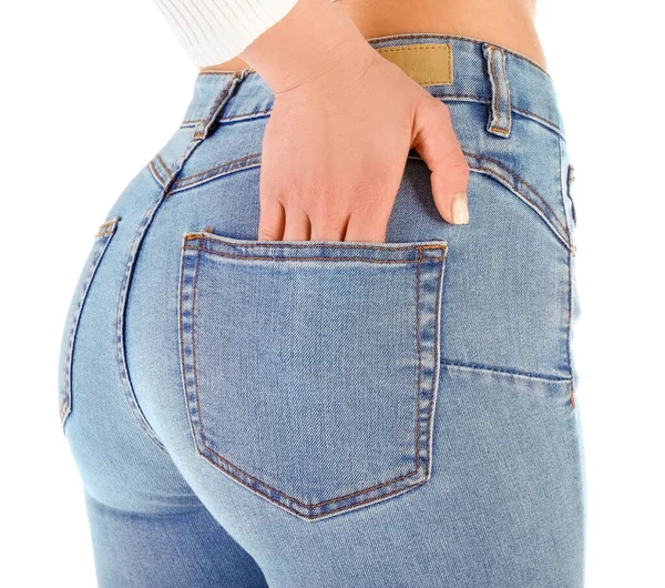 Mujer Joven Jeans Ajustados Sobre Fondo Blanco Primer Plano —  Fotos de Stock