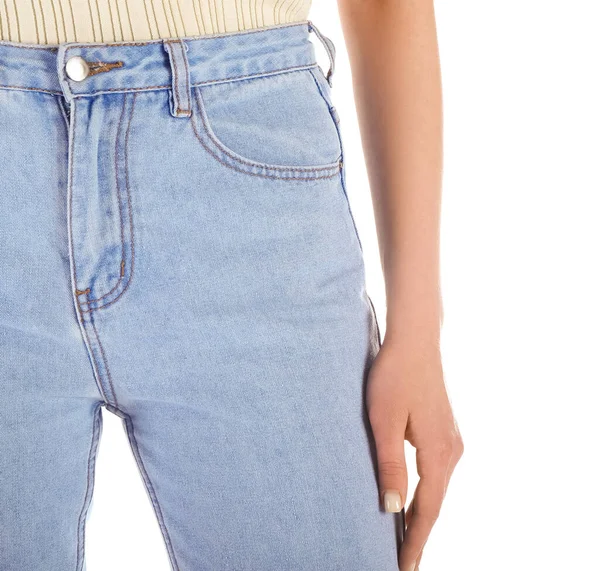 Mujer Joven Jeans Con Estilo Sobre Fondo Blanco Primer Plano — Foto de Stock