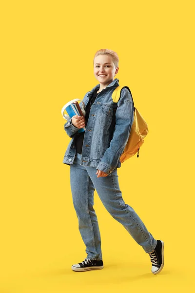Female Student Books Headphones Yellow Background — Stock Photo, Image