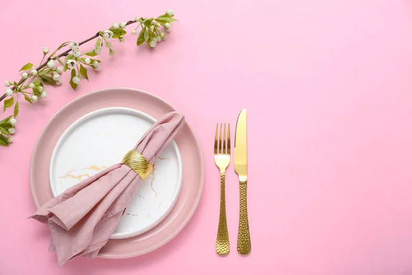 Beautiful Table Setting Blooming Tree Branch Pink Background — Stock Photo, Image