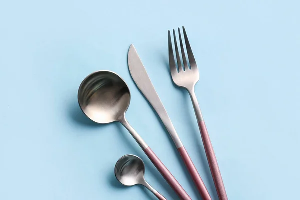 Stylish Cutlery Blue Background — Stock Photo, Image