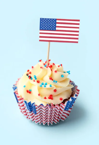 Tasty Patriotic Cupcake Flag Usa Blue Background American Independence Day — Stock Photo, Image