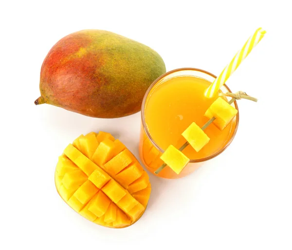 Glass Fresh Mango Smoothie White Background — Stock Photo, Image