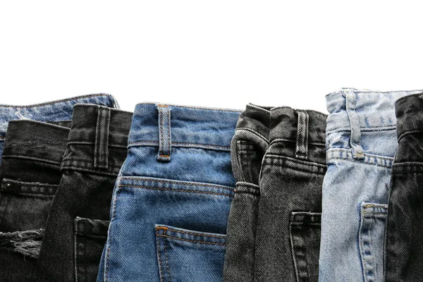 Calça Jeans Jeans Estilo Diferente Fundo Branco — Fotografia de Stock