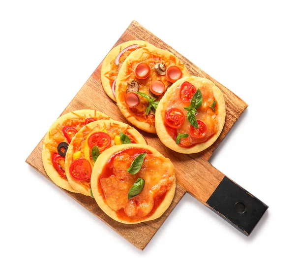 Board Different Tasty Mini Pizzas White Background — Stock Photo, Image