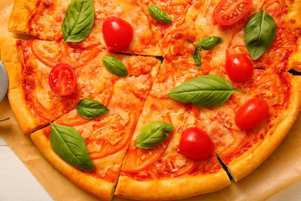 Baking Paper Tasty Pizza Margarita Closeup — Stock Photo, Image