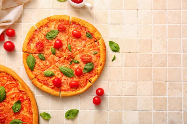 Tasty Pizzas Margarita Beige Tile Background — Stock Photo, Image
