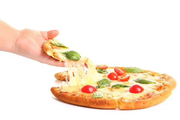 Kobieta Biorąc Kawałek Smacznej Pizzy Margarita Białym Tle — Zdjęcie stockowe