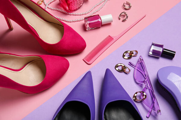 Composition with stylish heels, cosmetics and accessories on color background, closeup