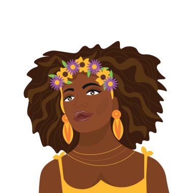 Beyaz arka planda çiçek çelengi olan güzel bir Afro-Amerikalı kadın. Yaz Gündönümü