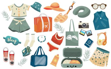 Beyaz arkaplanda seyahat aksesuarları