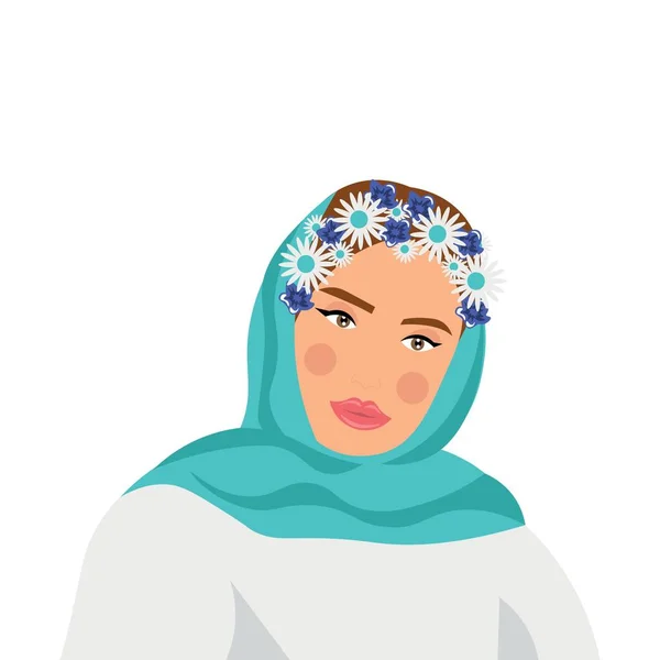 白い背景に花の花輪を持つ美しいアラビア人女性 夏の冬至 — ストックベクタ