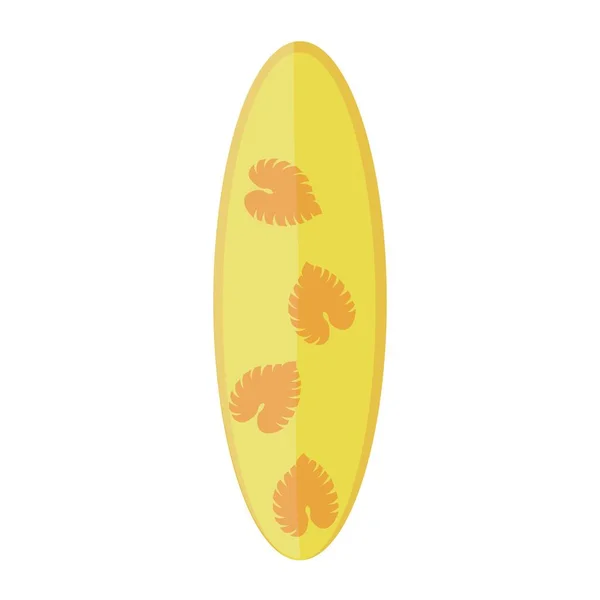 Tabla Surf Amarilla Con Hojas Tropicales Sobre Fondo Blanco — Vector de stock