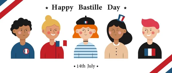 Вітальна Листівка День Щасливого Бастилії Групою Французів — стоковий вектор
