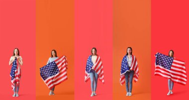 Arka planda Amerikan bayrağı olan bir grup güzel genç kadın. Anma Günü kutlaması