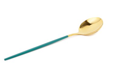 Beyaz arka planda mavi saplı altın kaşık