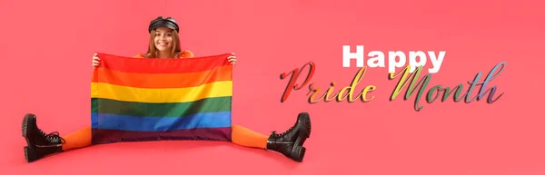 Beautiful Young Woman Lgbt Flag Red Background Happy Pride Month — Stock Photo, Image
