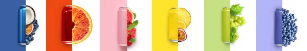 Koláž Plechovkami Limonády Sladkým Ovocem Bobulemi Barevném Pozadí — Stock fotografie