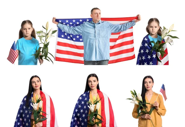 Set of people with USA flags and flowers on white background. Memorial Day celebration