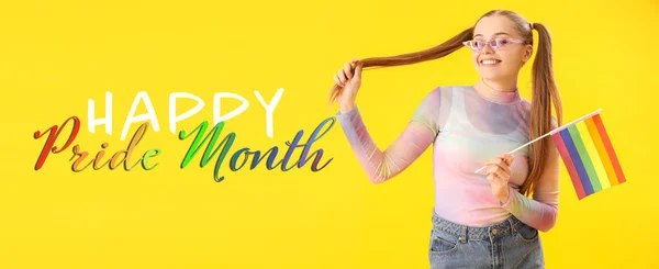 Beautiful Young Woman Lgbt Flag Yellow Background Happy Pride Month — Stock Photo, Image