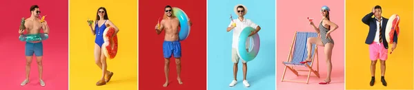 Kolaż Młodych Ludzi Stroju Kąpielowym Letnimi Koktajlami Krzesłem Plażowym Nadmuchiwanymi — Zdjęcie stockowe