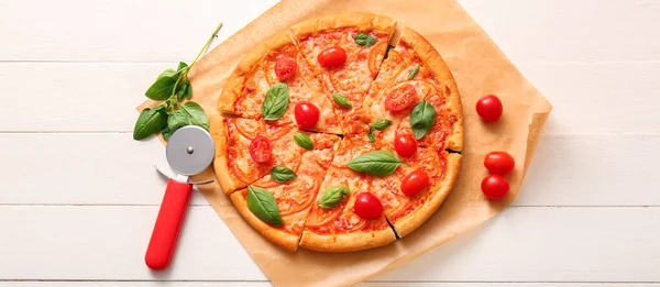 Tasty Cut Pizza Margarita Knife White Wooden Background Top View — Stock Photo, Image