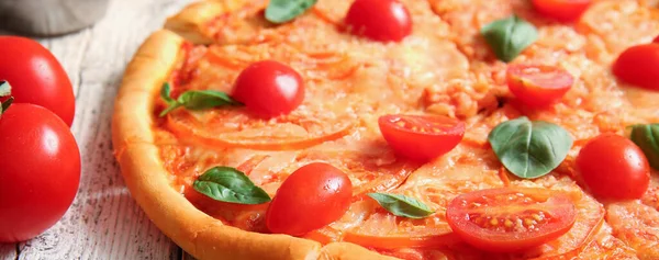 Tasty Cut Pizza Margarita Table Closeup View — Stock Photo, Image
