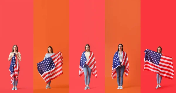Set Beautiful Young Woman Usa Flag Color Background Memorial Day — Stock Photo, Image