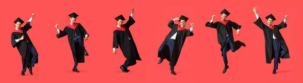 幸せなダンスのコラージュ男性卒業生上の赤の背景 — ストック写真