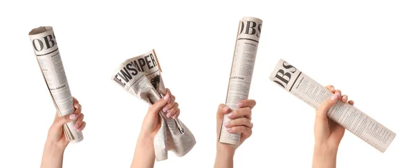 Set Hands Holding Newspapers White Background — Stock Photo, Image
