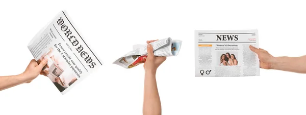 Set Man Hands Holding Newspapers White Background — Stock Photo, Image