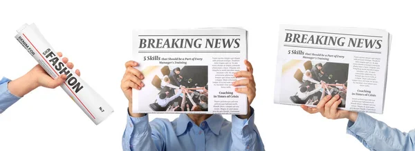 Set People Holding Newspapers White Background — Stock Photo, Image