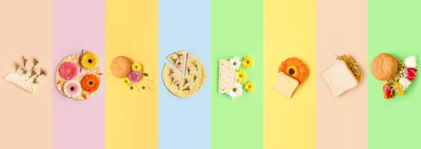 Kreativa Collage Färska Blommor Och Mat Färg Bakgrund Ovanifrån — Stockfoto