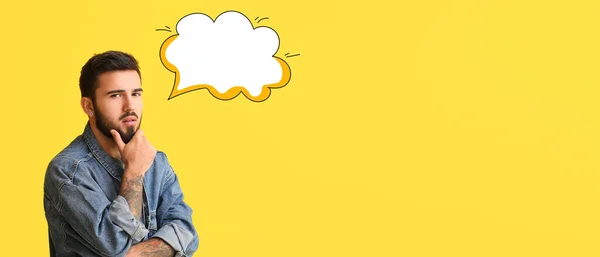 Thoughtful Man Blank Speech Bubble Yellow Background Space Text — Stock Photo, Image