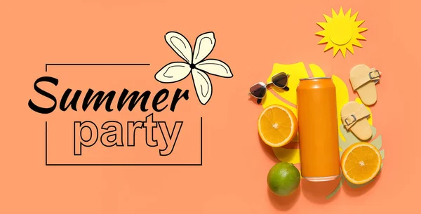 Banner För Sommarfest Med Läsk Strandinredning Och Citrusfrukter — Stockfoto